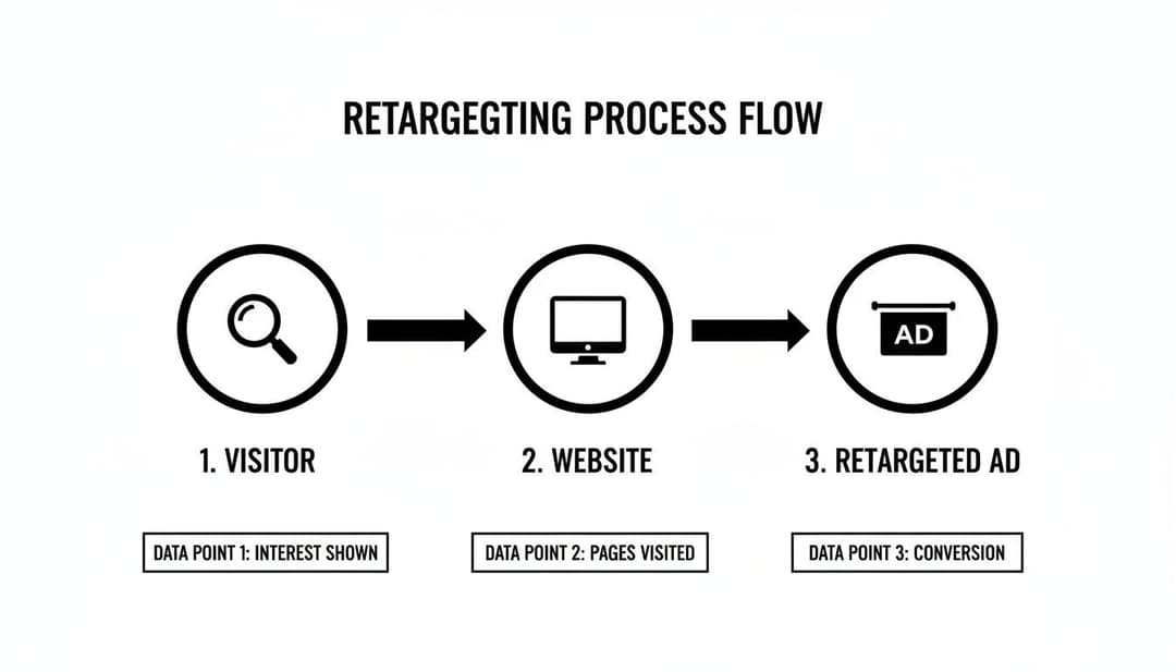Flow diagram illustrating the retargeting process, showing visitor engagement, website interaction, and retargeted ad conversion.
