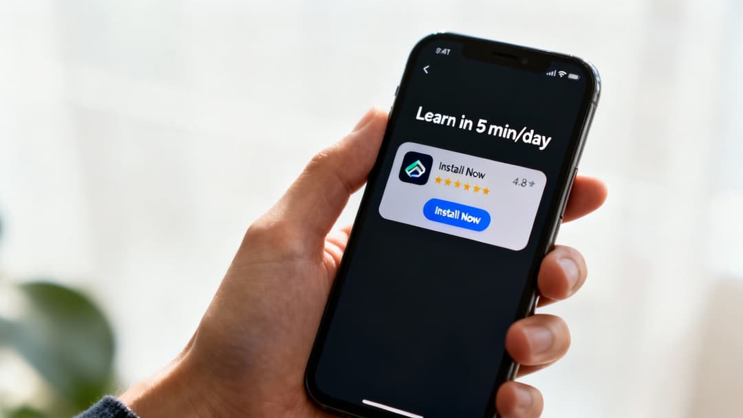 Close-up of a hand holding a smartphone displaying a mobile app advertisement for learning.