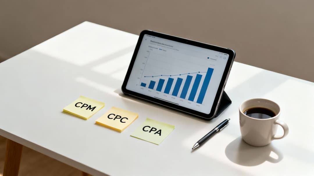 A tablet displays marketing data charts, with sticky notes showing CPM, CPC, and CPA on a desk.