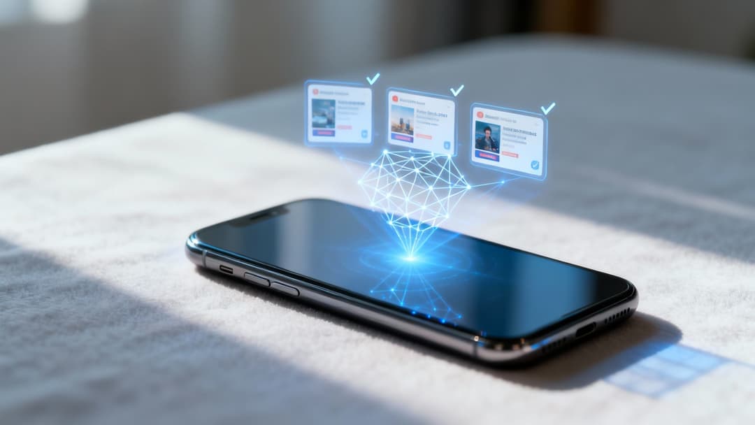 A smartphone on a table with a glowing digital network projecting three holographic social media ads.