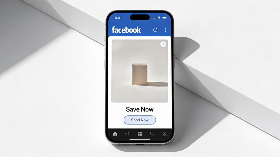 A smartphone displaying a Facebook advertisement for a generic product box with a Shop Now button.