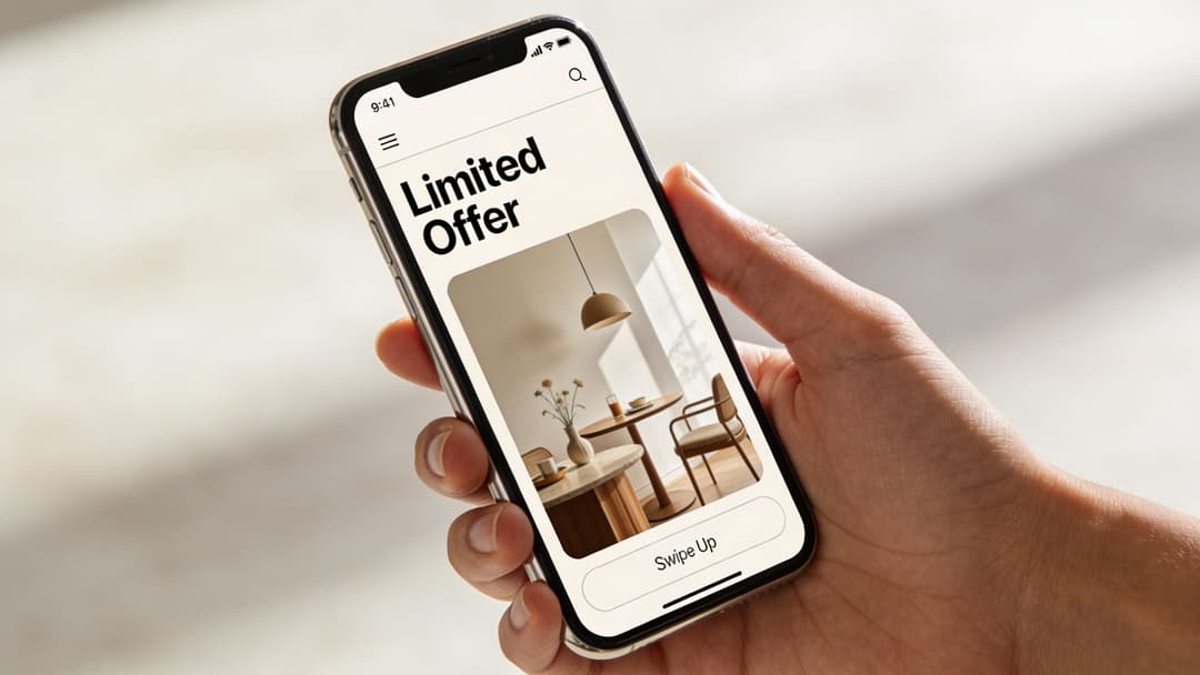 A person holding a smartphone displaying a limited offer advertisement on a minimalist furniture app interface.