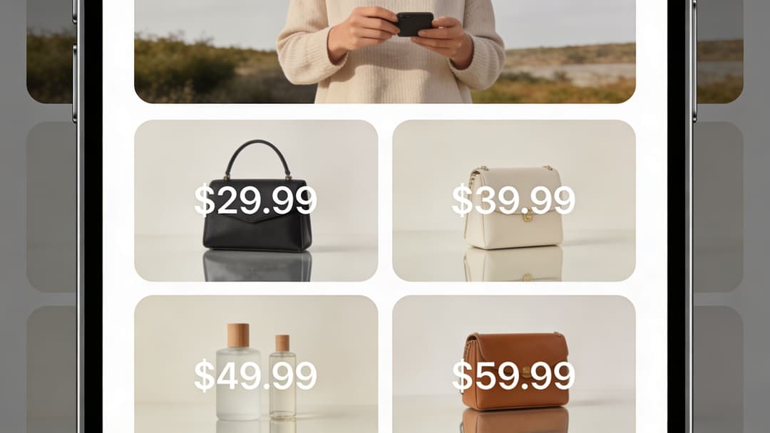 A mobile screen displaying a product catalog with four luxury handbags and fragrance bottles for sale.