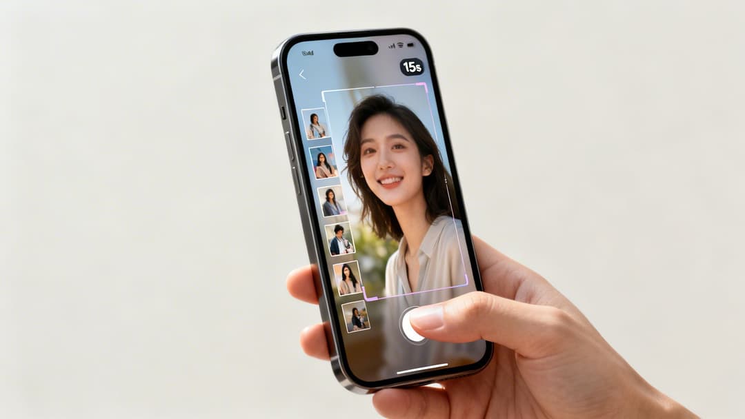 Hand holding a smartphone displaying a video recording interface with a smiling woman and other profile thumbnails.