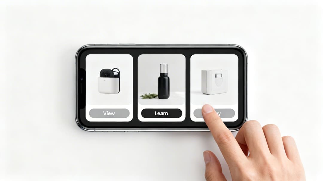 A hand taps a smartphone screen displaying three content cards labeled View, Learn, and Try.