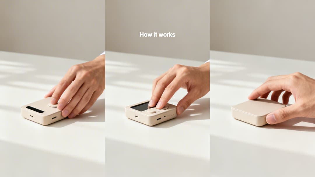 A person's hand demonstrates a compact, beige device transforming from closed to open with a screen.