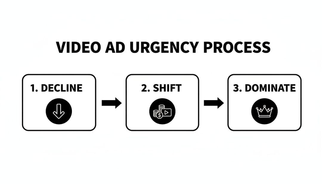 Diagram illustrates video ad urgency process: Decline (down arrow), Shift (money, video), Dominate (crown icon).