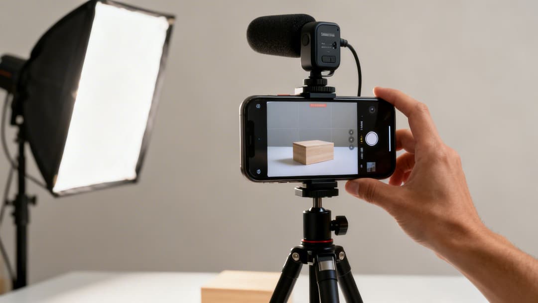 A person holds an iPhone on a tripod with a microphone, filming a wooden box under studio lighting.