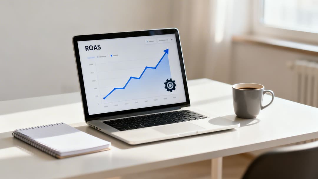 A laptop displays a rising ROAS graph, next to a coffee cup and notebook on a bright desk.