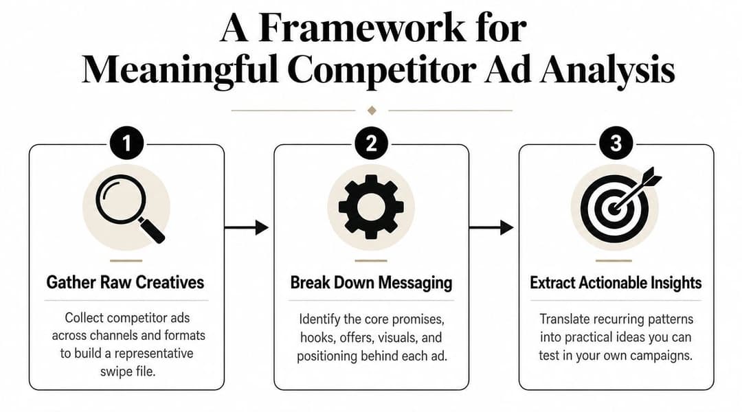 An infographic titled A Framework for Meaningful Competitor Ad Analysis showing a three-step process for marketing research.