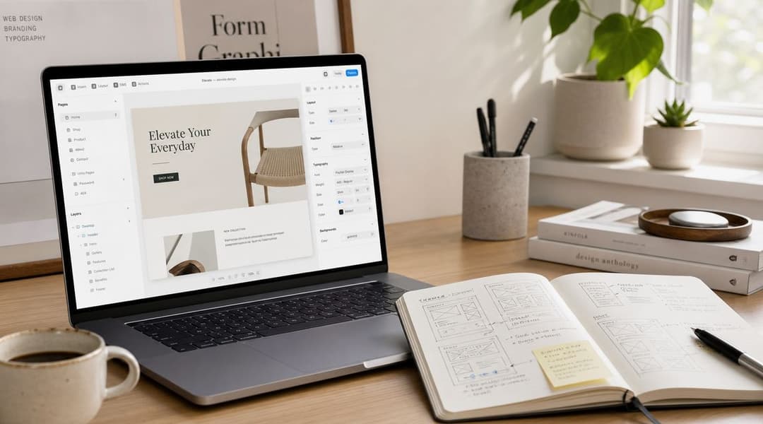 A laptop showing web design software sits on a wooden desk next to a notebook and coffee.