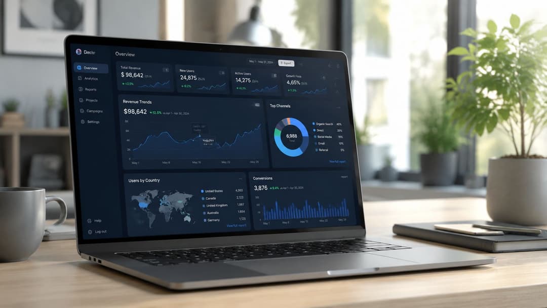 A modern laptop on a wooden desk displaying a professional business analytics dashboard with various data charts.