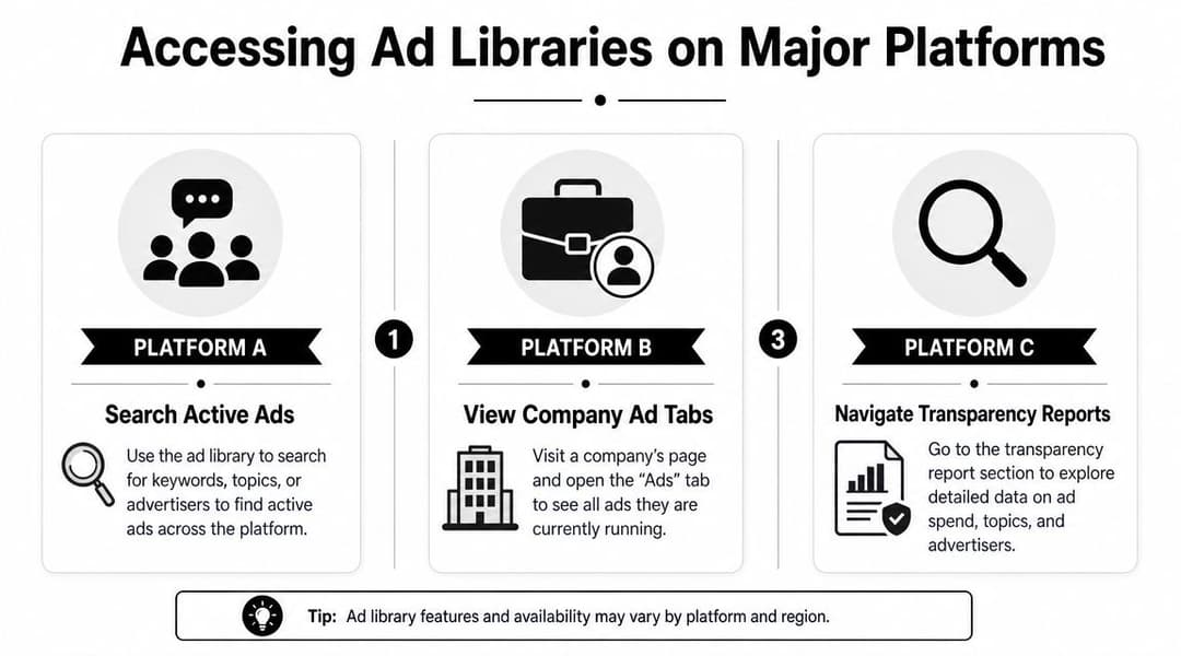 A diagram illustrating the three steps for accessing ad libraries on major advertising and social media platforms.