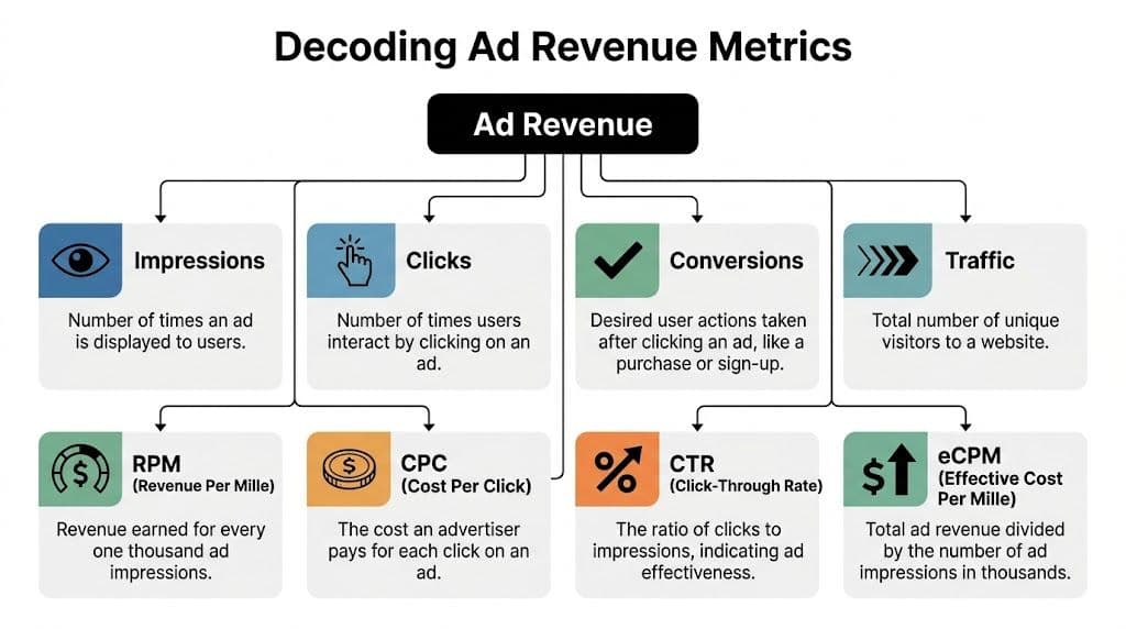 An infographic titled Decoding Ad Revenue Metrics, showing terms like Impressions, Clicks, Conversions, Traffic, RPM, CPC, CTR, and eCPM.