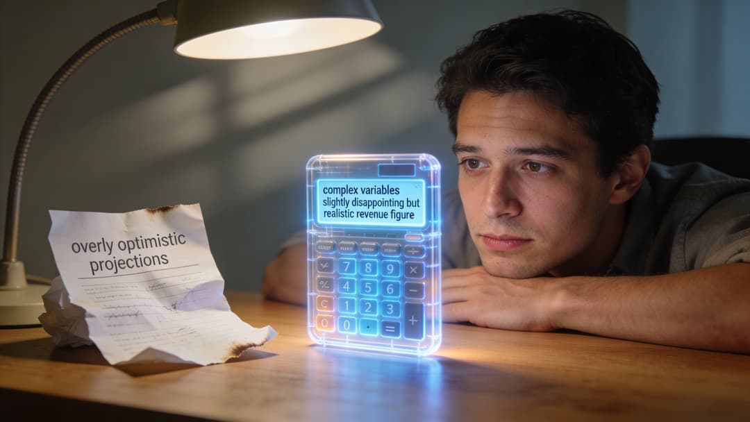 A young man sits at a desk looking intently at a digital calculator displaying realistic financial projections.