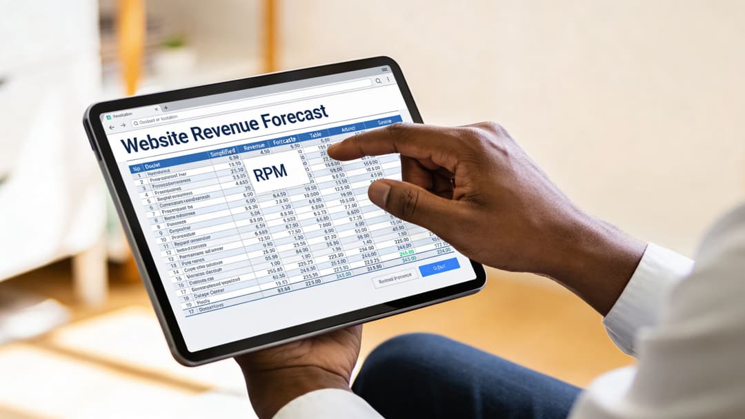 A close-up view of a person using a tablet to analyze a digital website revenue forecast chart.