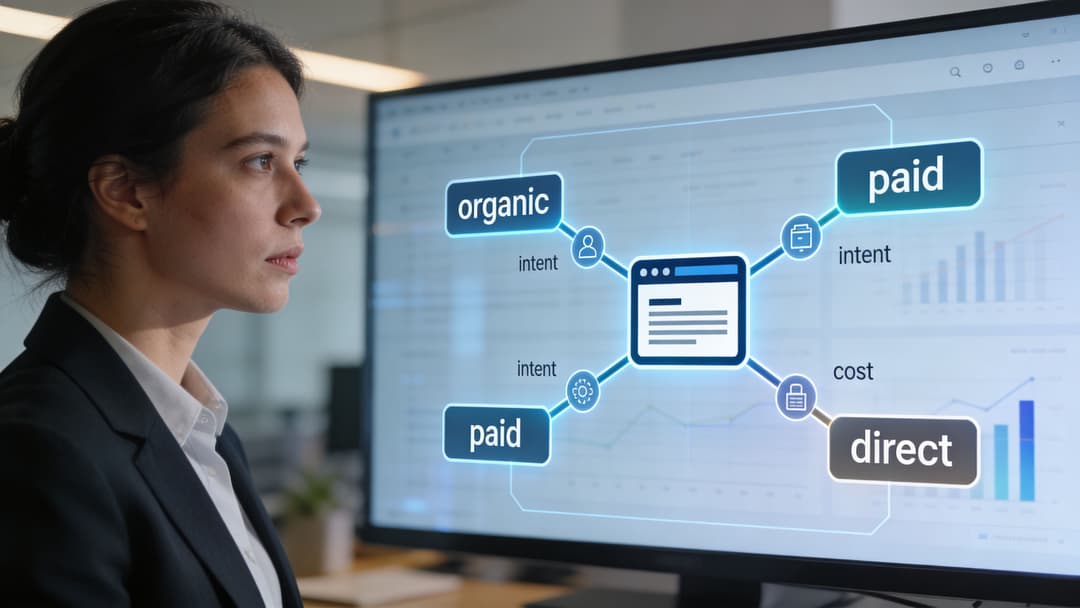 A professional woman in a suit looking at a business dashboard displaying website traffic strategy concepts.