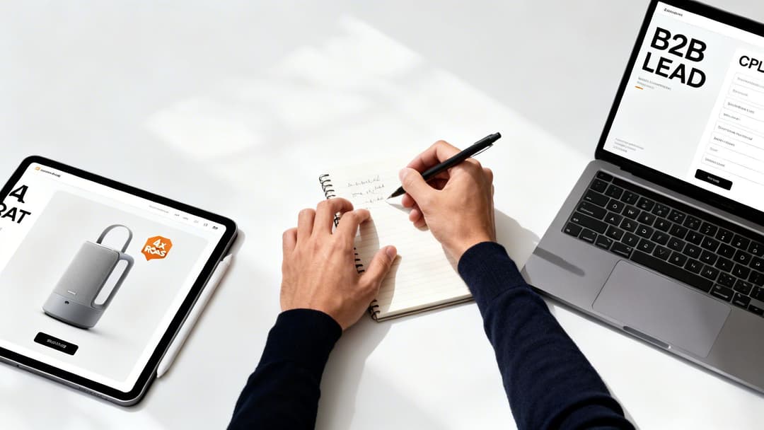 Overhead view of a person writing in a notebook, with a laptop and tablet displaying business content.