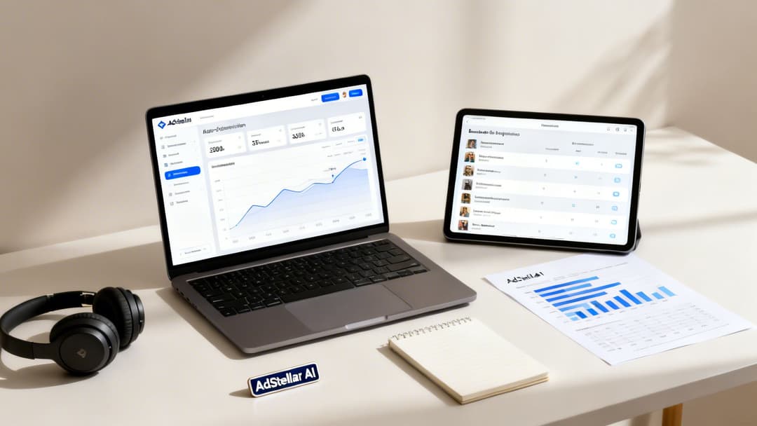 Professional desk setup with laptop displaying business analytics, tablet showing profiles, headphones, and printed reports.