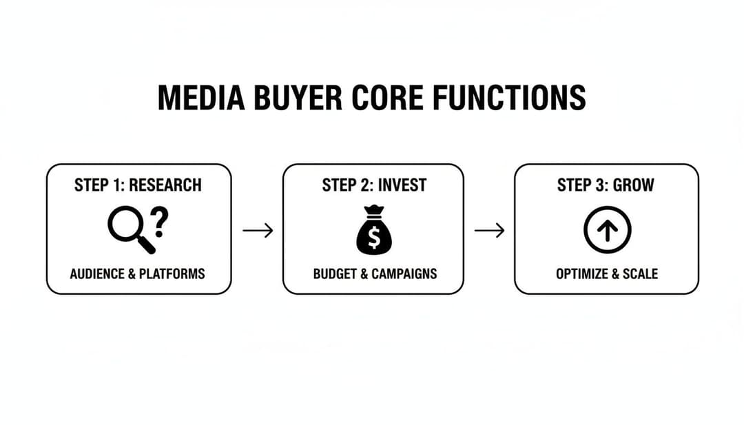 Diagram illustrating the three core functions of a media buyer: research, invest, and grow.