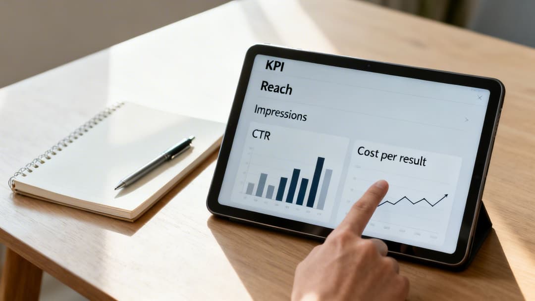 A hand interacts with a tablet showing marketing KPI metrics and graphs on a wooden desk.