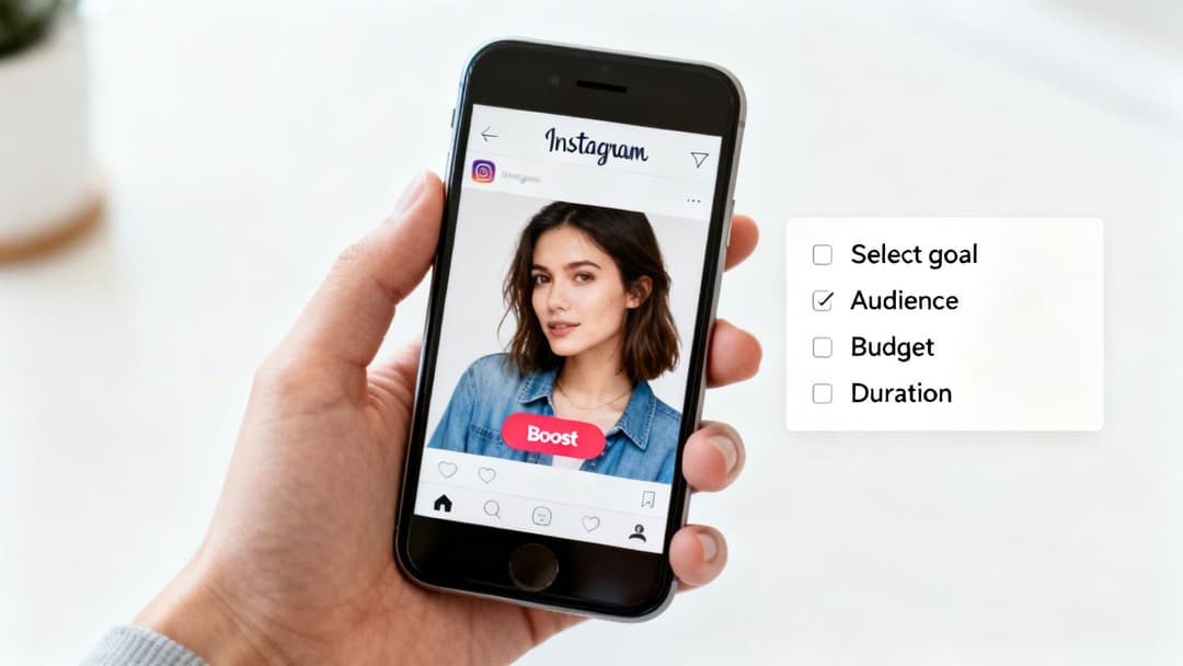 A hand holds a phone displaying an Instagram post with a 'Boost' button and a promotion checklist.