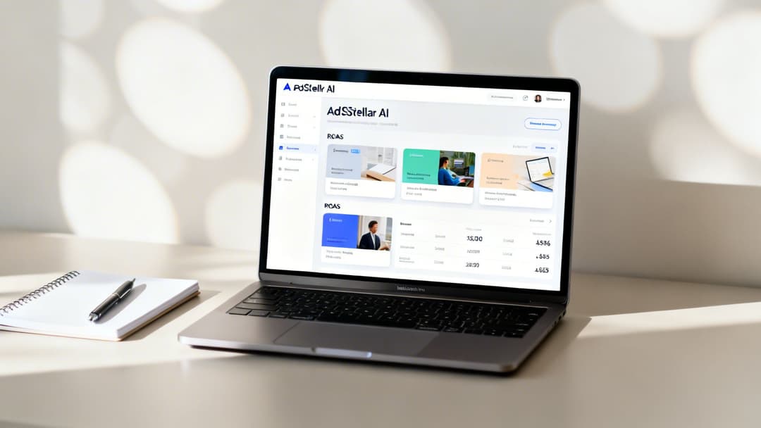 A laptop on a desk displays the AdStellar AI dashboard with ROAS metrics, next to a notebook and pen.