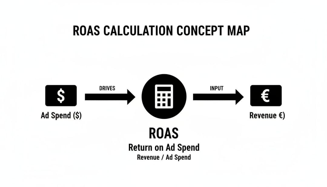 A concept map illustrating ROAS (Return on Ad Spend) calculation: Ad Spend drives ROAS, which results in Revenue.