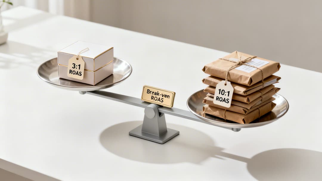 A balance scale with 3:1 ROAS box, a Break-even ROAS plaque, and 10:1 ROAS packages.