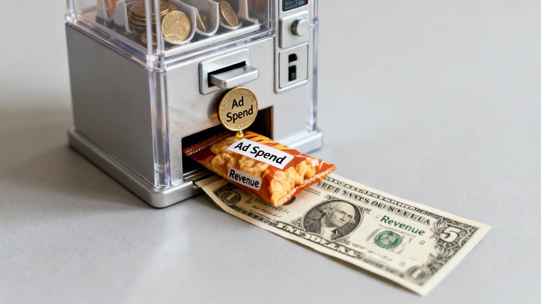 Miniature vending machine showing 'Ad Spend' coin and snack leading to 'Revenue' on a five-dollar bill.
