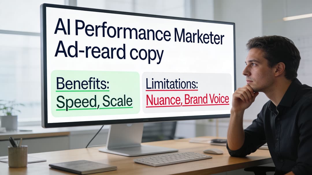 A professional man looking at a large computer screen displaying AI copywriting performance benefits and limitations.