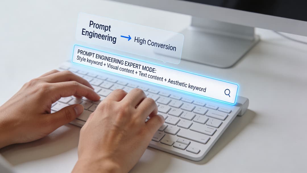A person typing on a computer keyboard with an overlay showing a prompt engineering formula for high conversion.