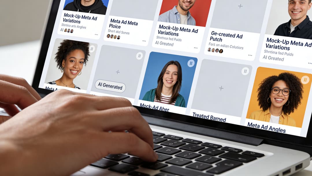 A close-up view of a person's hands typing on a laptop displaying an AI-powered creative dashboard.