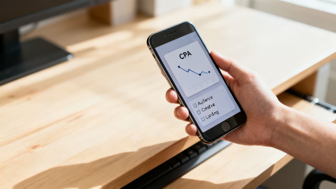A hand holds a smartphone displaying a CPA graph and marketing checkboxes on a wooden desk.