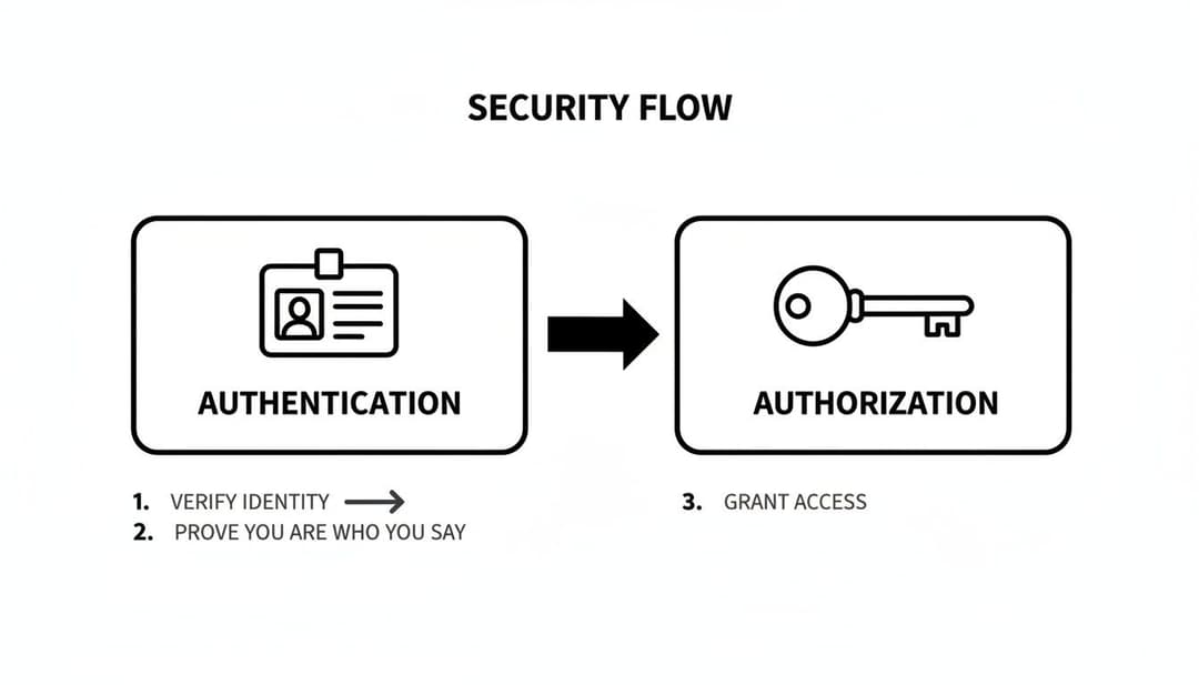 Diagram illustrating the security flow from authentication (verifying identity) to authorization (granting access).