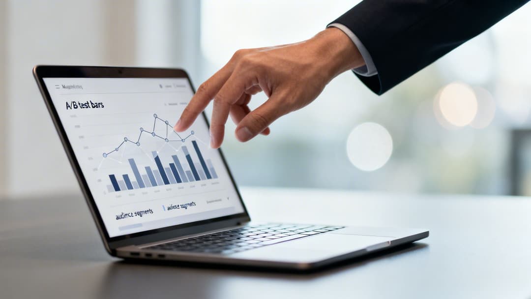 A professional hand points at an A/B test graph on a laptop, analyzing marketing data.