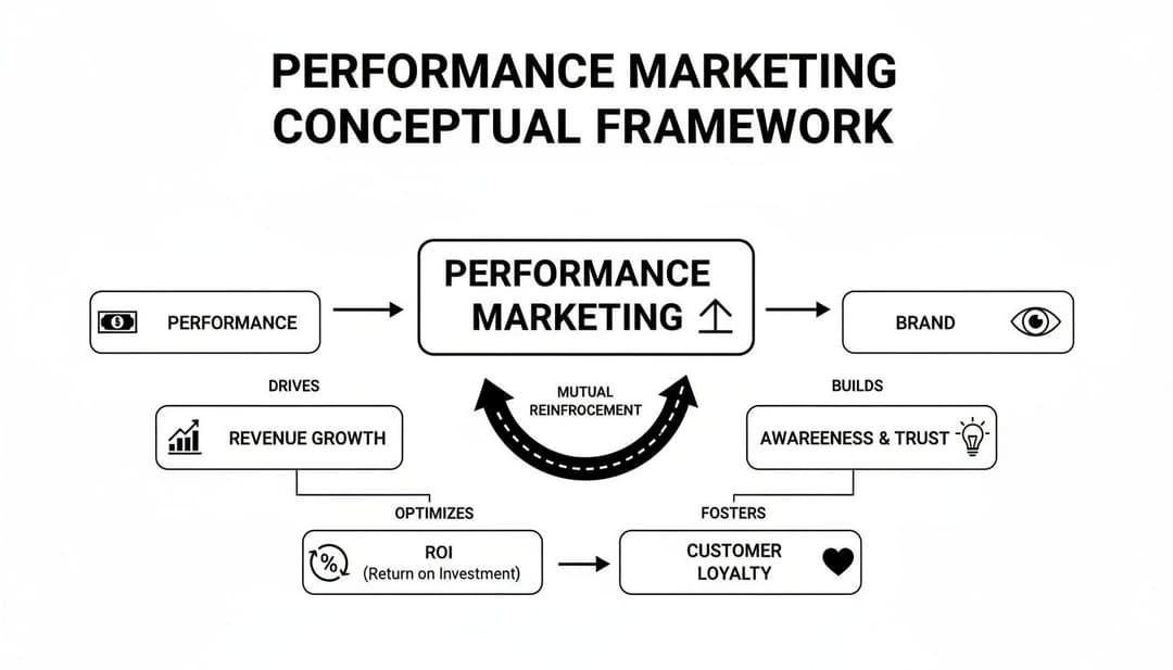 A diagram illustrating the Performance Marketing Conceptual Framework, showing its impact on revenue, brand, and loyalty.