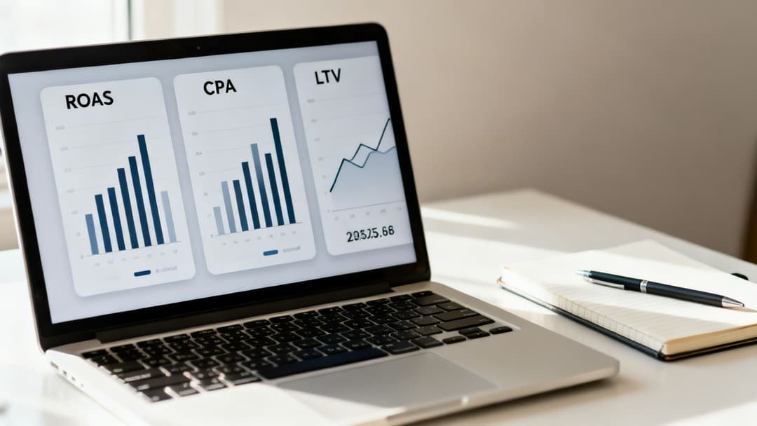 Laptop displaying digital marketing analytics with ROAS, CPA, and LTV metrics on a screen.