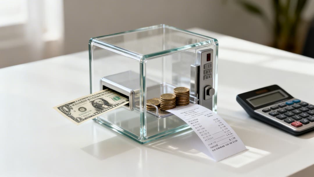 A clear financial 'microwave' processing a dollar bill, coins, and a receipt next to a calculator.