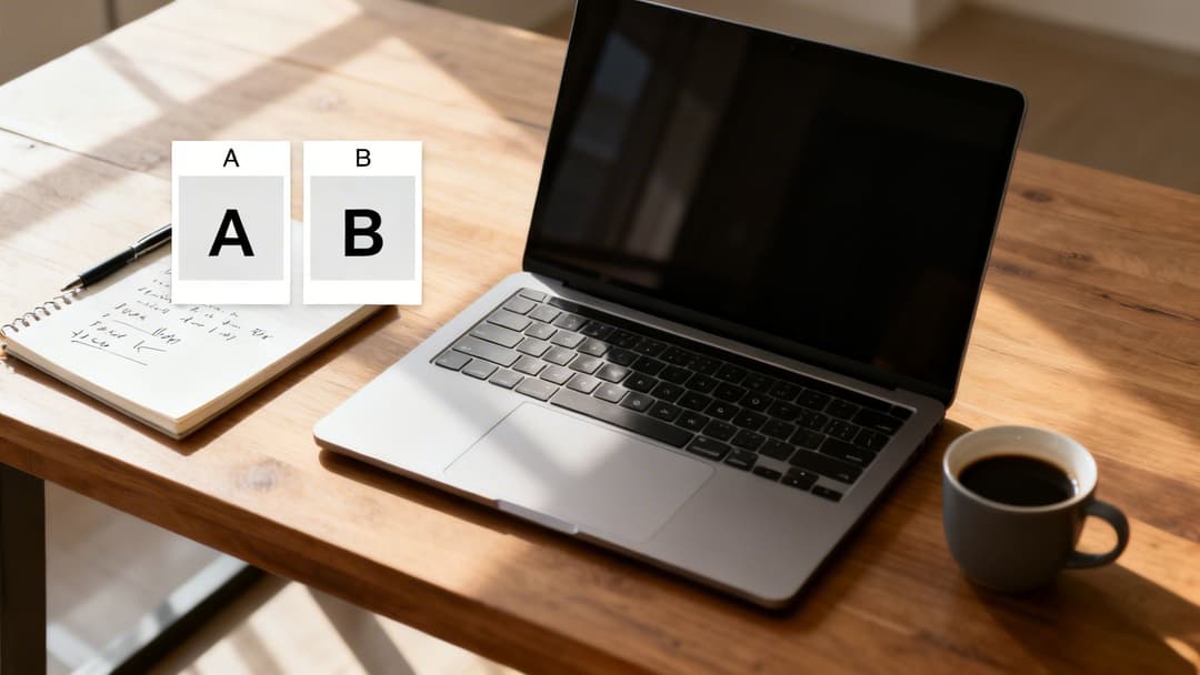 Work desk with a laptop, notebook, coffee, and two cards marked A and B under natural sunlight.